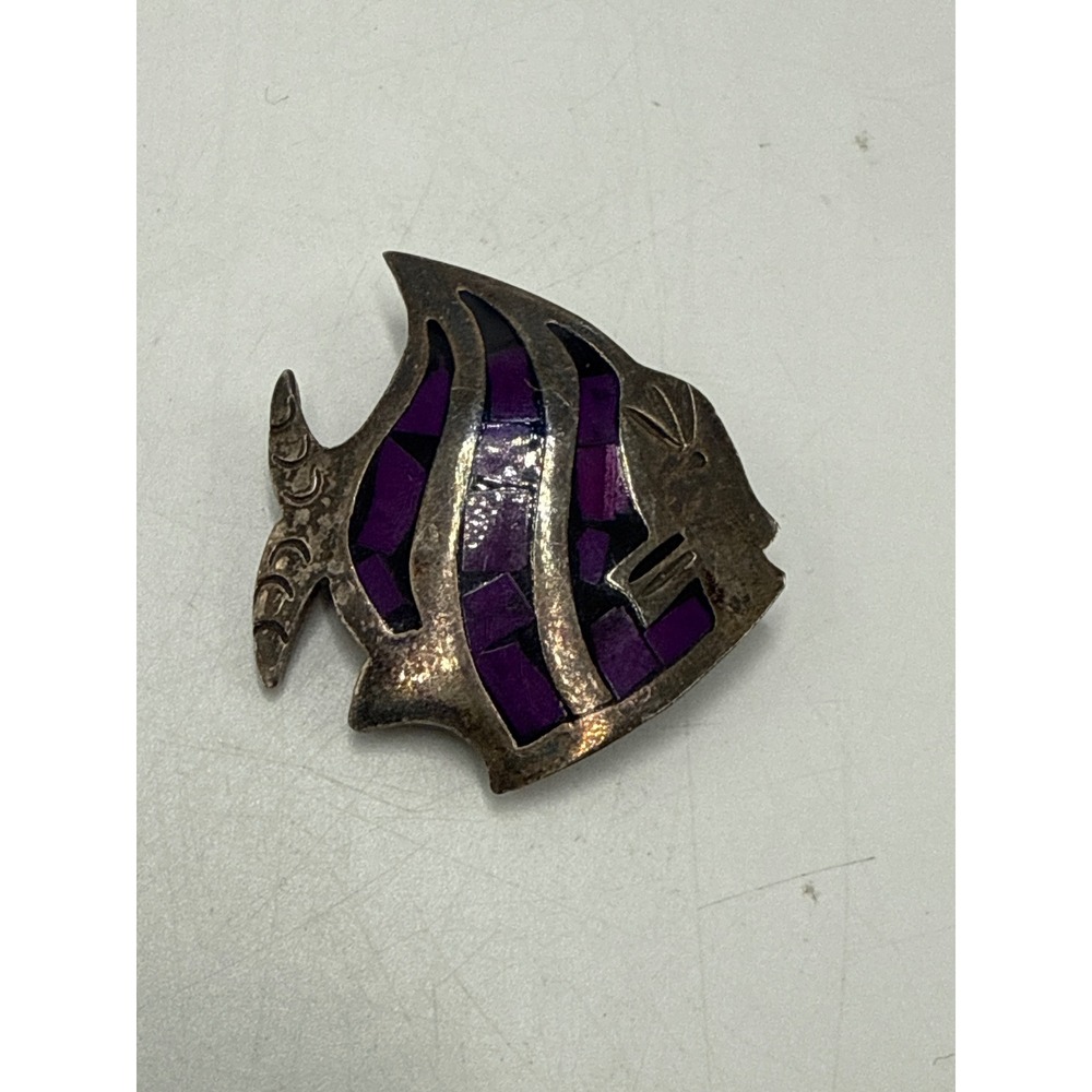 Vintage Mexico 925 Sterling Silver Purple Mosaic Inlay Fish Brooch‎ Handcrafted